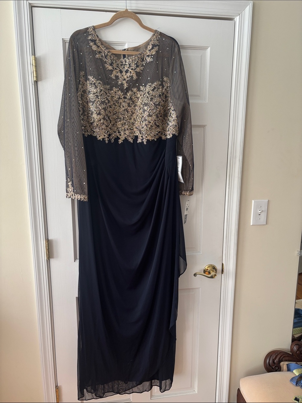 Xscape Black Gown with Gold Embellished Bodice